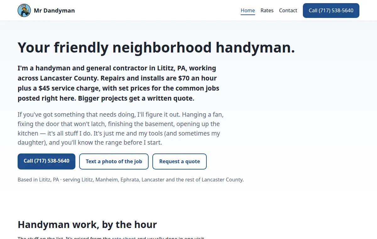 The Mr Dandyman home page: the rate sheet, the service cards and a call button.